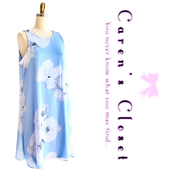 Calvin Klein Powder Blue Floral Print Chiffon Trapeze Sleeveless Dress - Picture 4 of 10